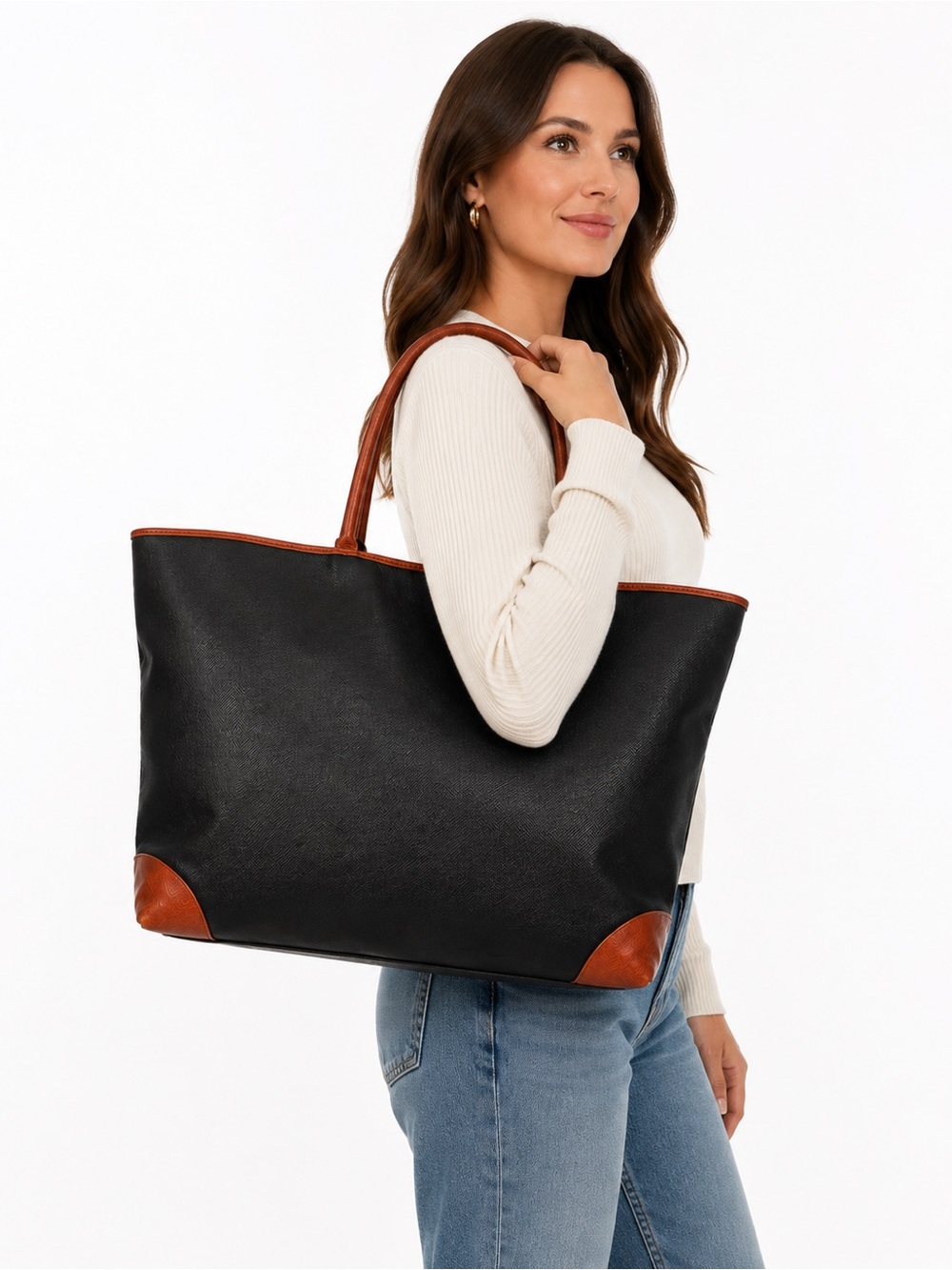 Bottega Veneta Tote PVC Black With Brown Leather-Trim Vintage Made In Italy.